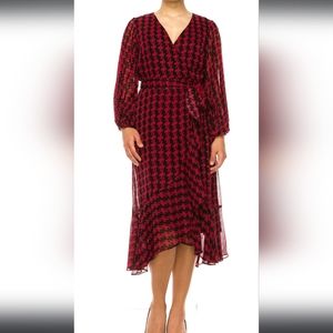 Maison Tara Red and Black Houndstooth Faux Wrap Dress